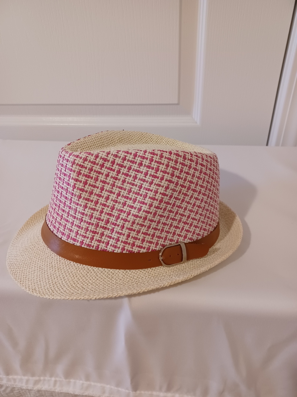 Straw Fedora Hat with Pink Pattern and Brown Band
